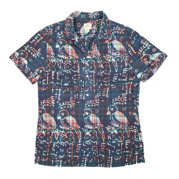 J.Crew Indian Madras Camp Shirt Mens Small Blue Purple Parrot Retro Summer - Picture 1 of 5